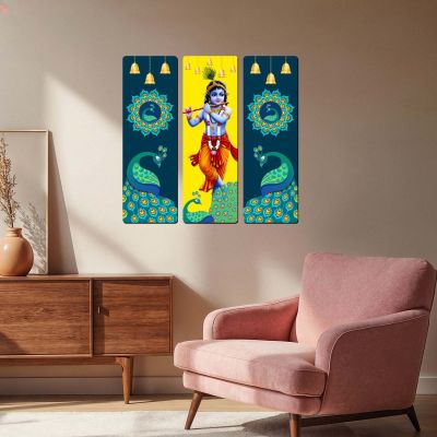 Lord Krishna Wooden Wall Hanging Art  Divine Bal Gopal Flute Playing Artwork for Living Room, Pooja Mandir, and Home Decor